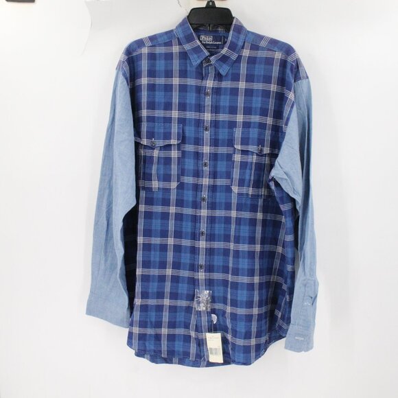 VTG NWT Polo Ralph Lauren Shirt Men Large chambray Sleeve Plaid Button Up Cotton - Picture 1 of 12